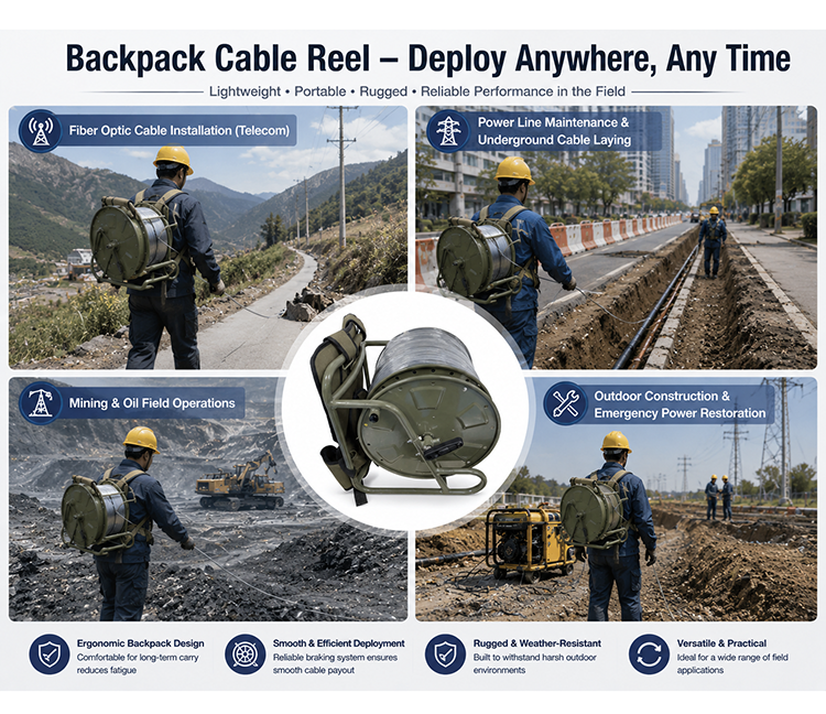 BackPack Field Deployable Portable Tactical Fiber Optic Cable Reel Cable Terminated with HXB13 Hardened Connector