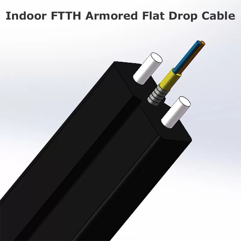 Indoor FTTH Armored Flat Drop Cable, Anti-rat Butterfly Flexible Steel Tube Spiral Armoured